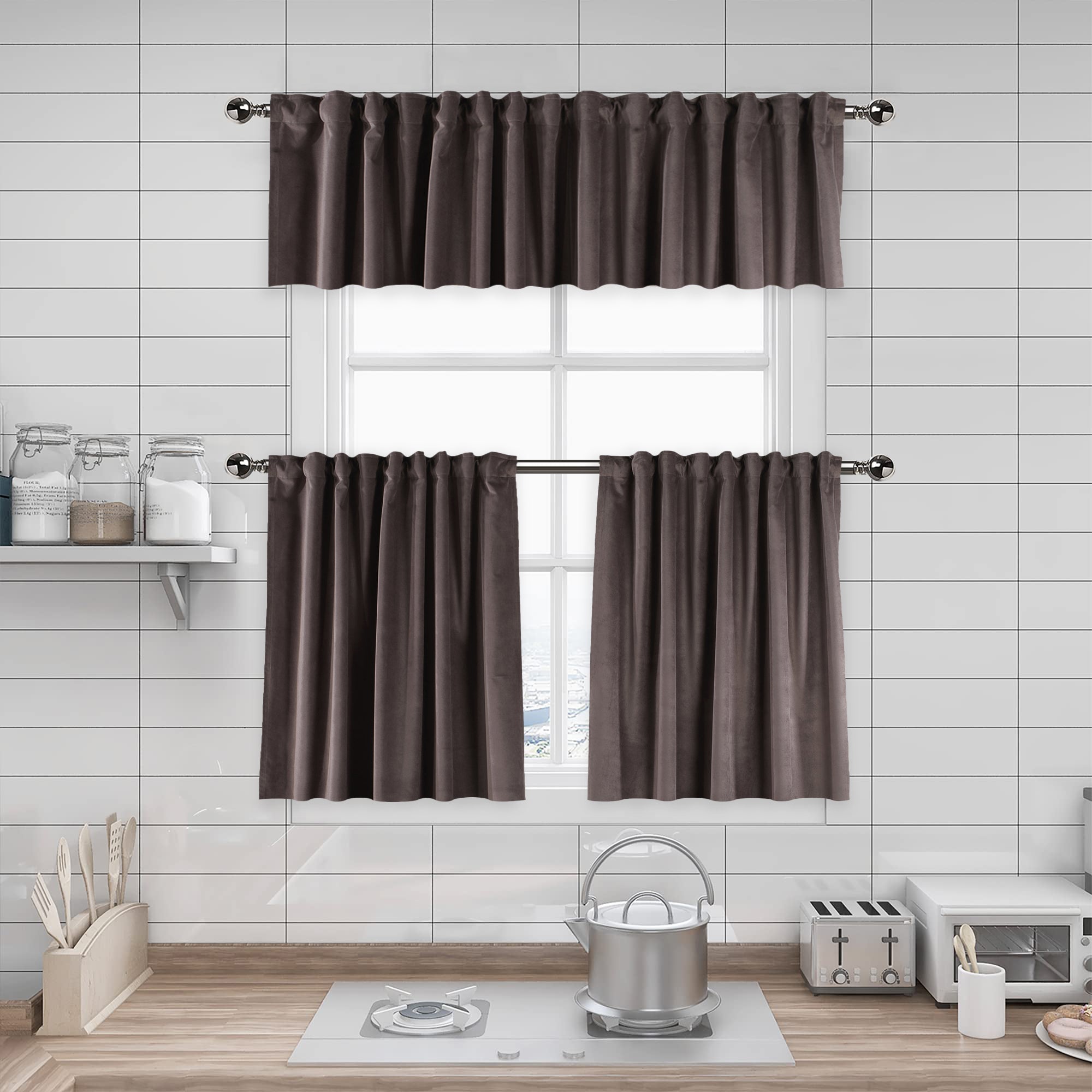Matte Velvet Kitchen Valances Set of 3 - Liver