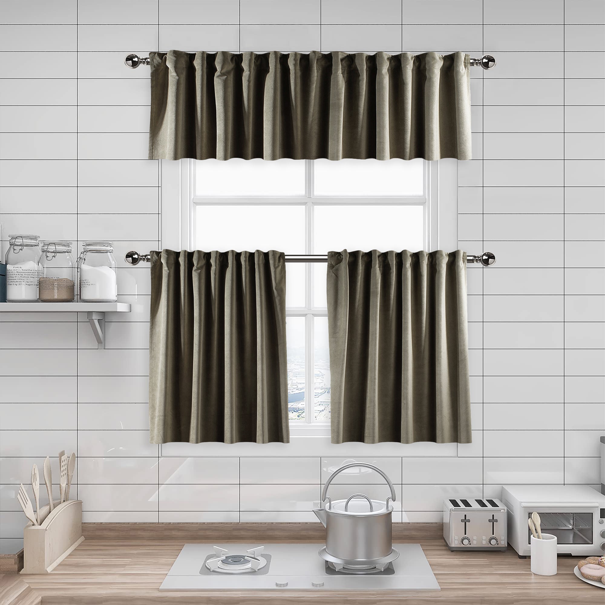 Matte Velvet Kitchen Valances Set of 3 - Khaki Green