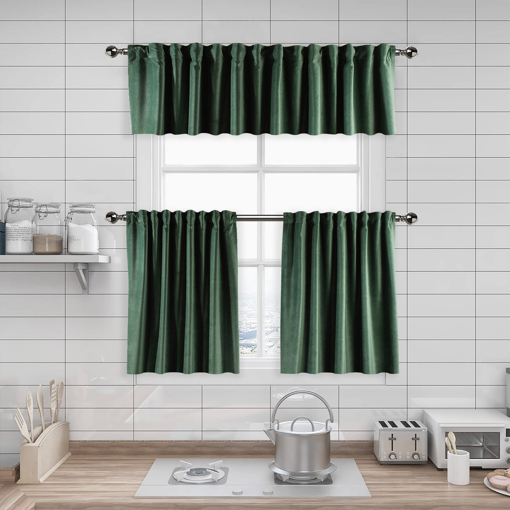 Matte Velvet Kitchen Valances Set of 3 - Bottle Green