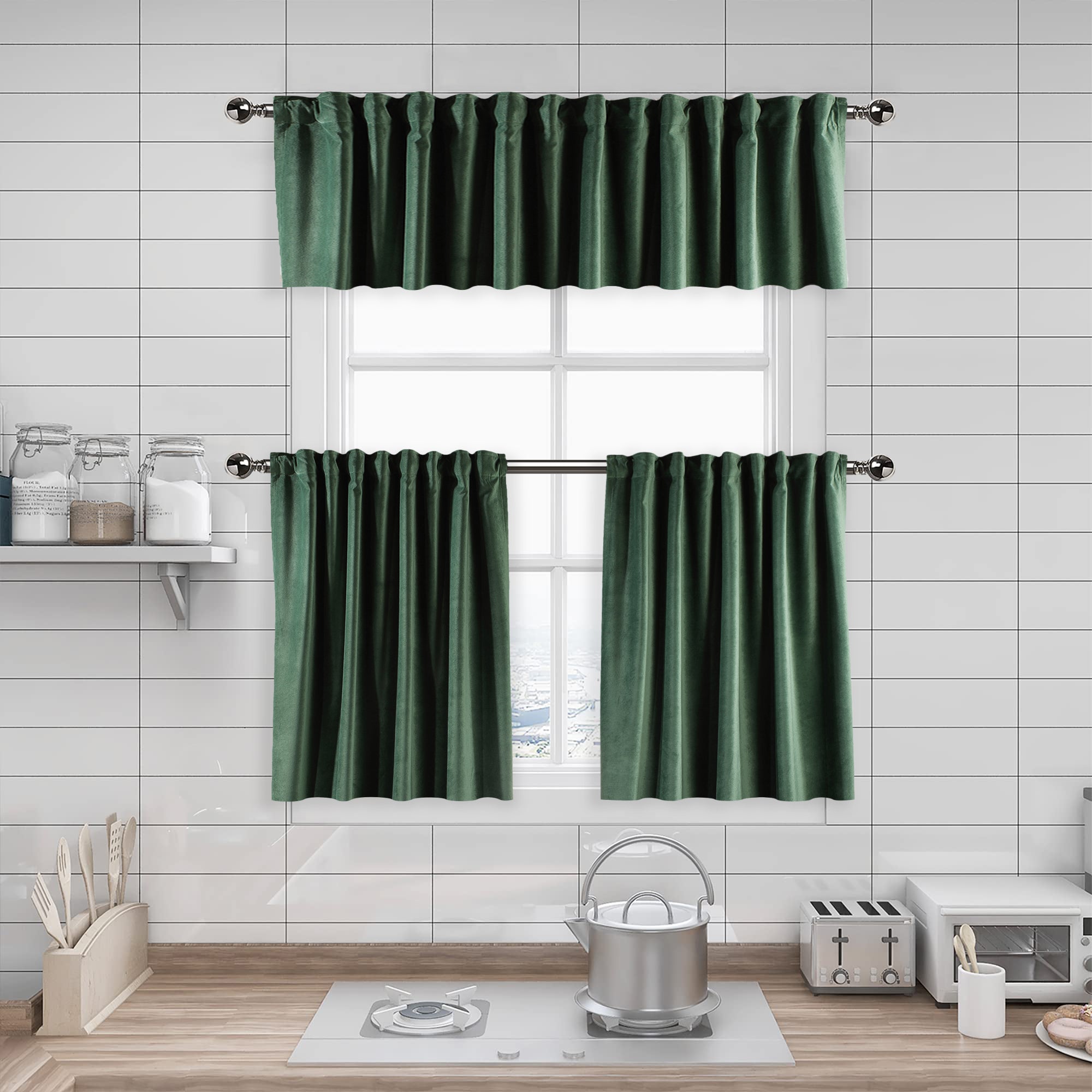 Matte Velvet Kitchen Valances Set of 3 - Bottle Green
