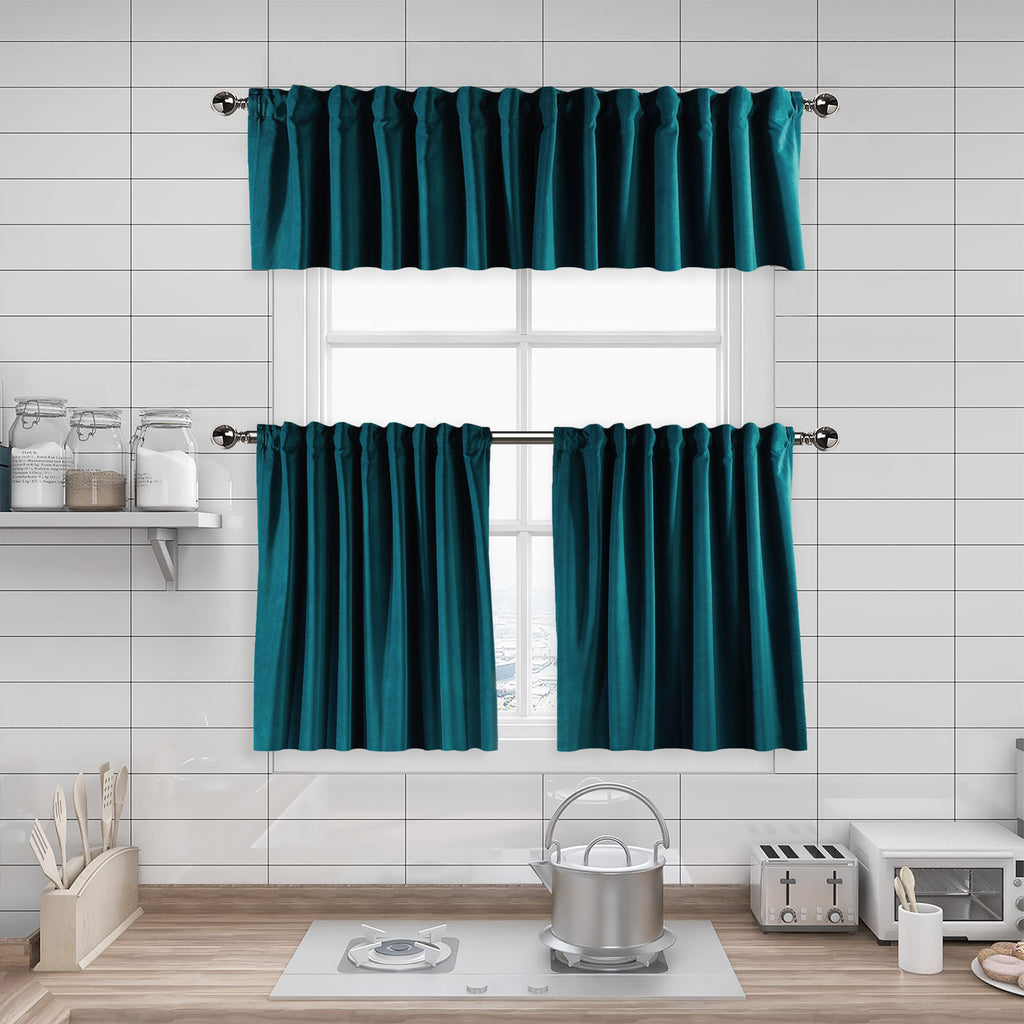Matte Velvet Kitchen Valances Set of 3 - Teal Blue