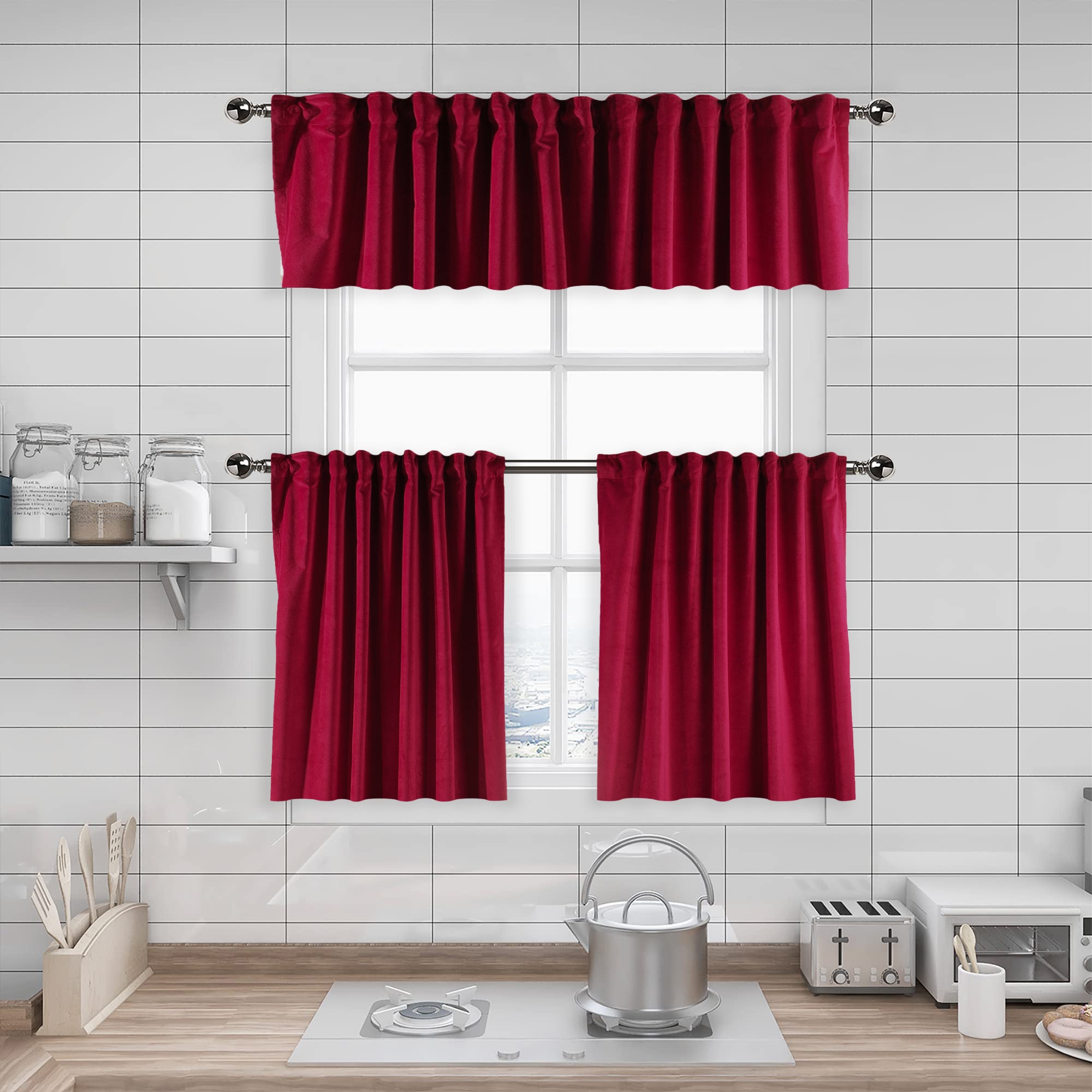 Matte Velvet Kitchen Valances Set of 3 - Bright Maroon