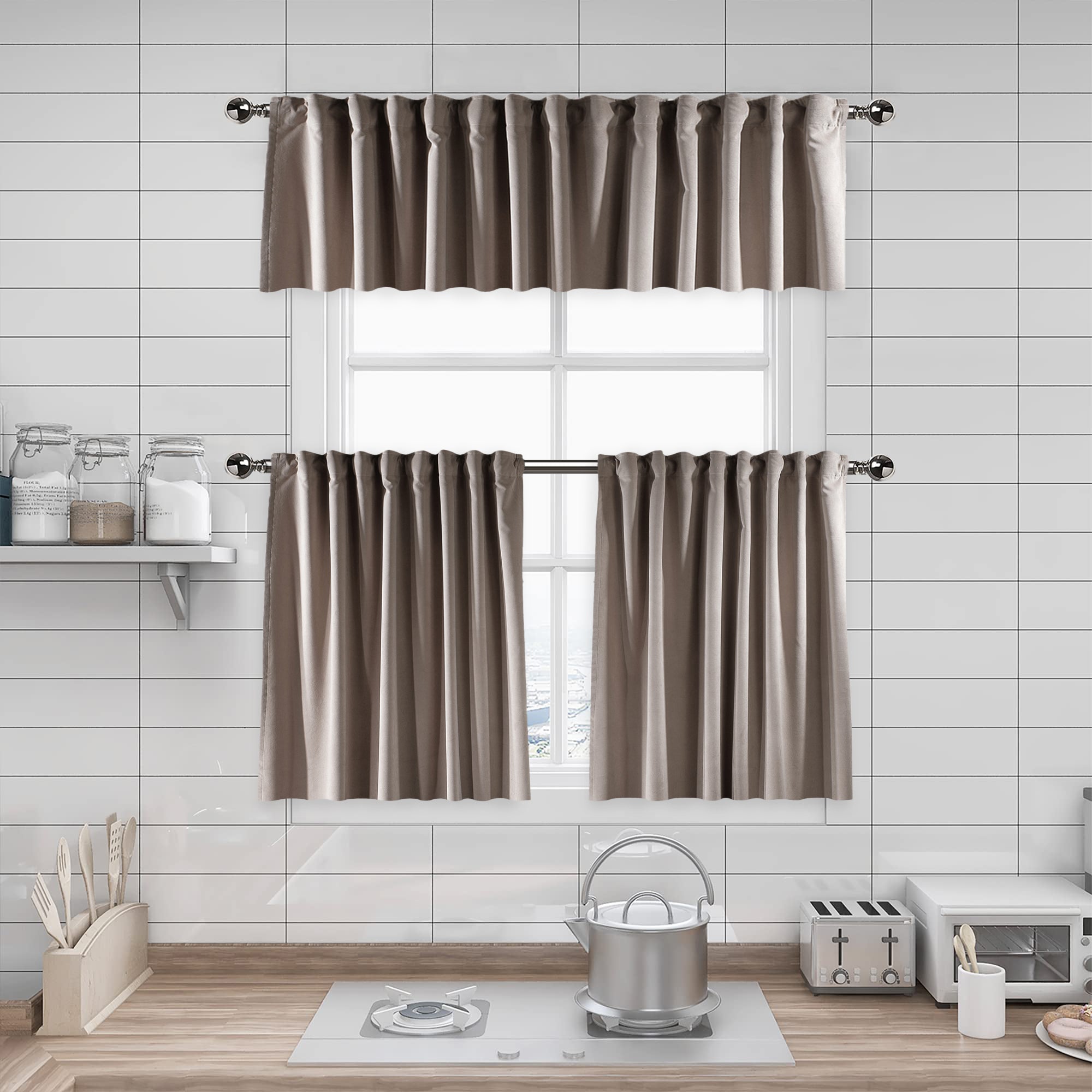 Matte Velvet Kitchen Valances Set of 3 - Tan