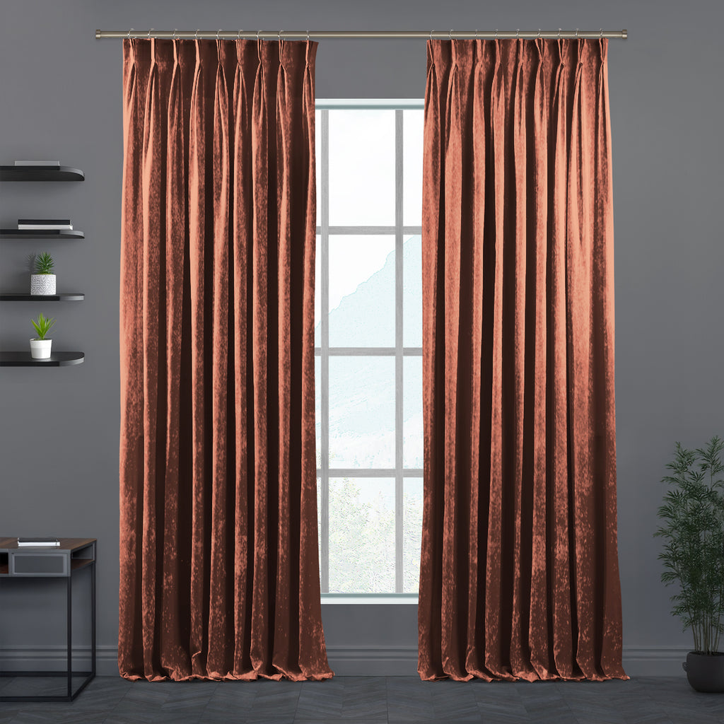 Shiny Velvet Pinch Pleated Curtain Single Panel - Burnt Orange