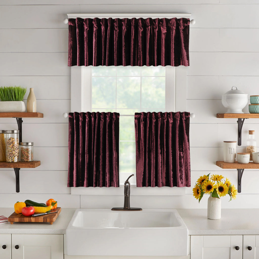 Shiny Velvet Kitchen Valances Set of 3 - Burgundy