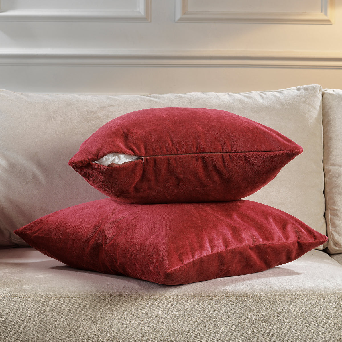 Matte Velvet Cushion Covers Set of 2 Hidden Zipper - Barn Red