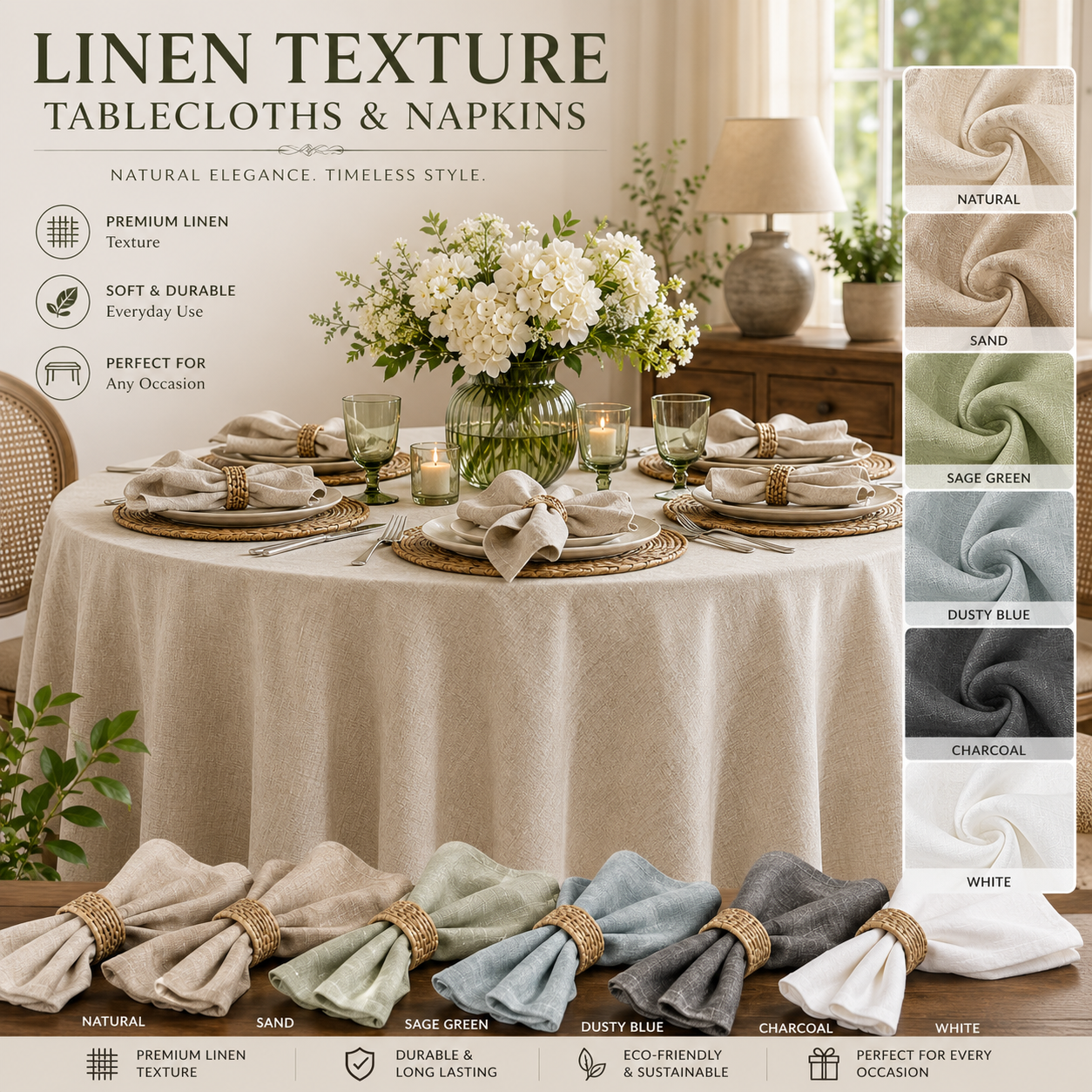 Linen texture tablecloths, linen look tablecloths, faux linen tablecloth, linen texture tabletop covers, linen look napkins, 100% polyester tablecloth, table linens, dining table cover, elegant table décor, wedding tablecloth, banquet table linens, party tablecloth, holiday table setting, custom tablecloth, custom napkins, restaurant table linens, farmhouse table décor, modern dining décor, tabletop accessories.