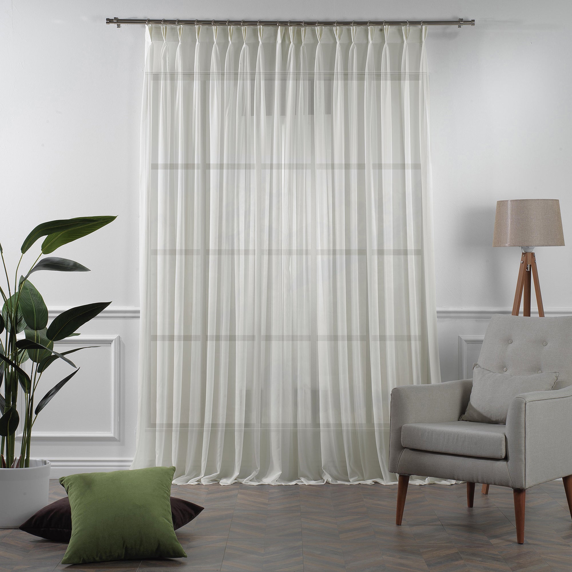 Sheer Silk Crepe Pinch Pleated Curtain Single Panel - Ecru