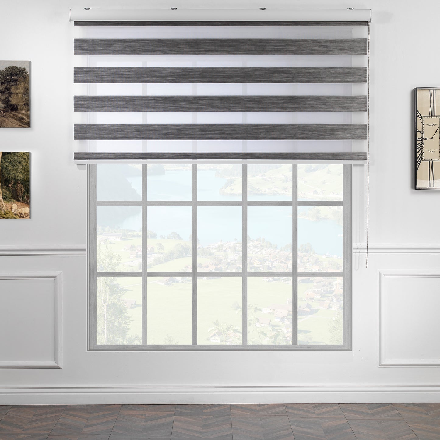 Bambu Zebra Shades Metallic Cord Loop Roller Blinds - Grey