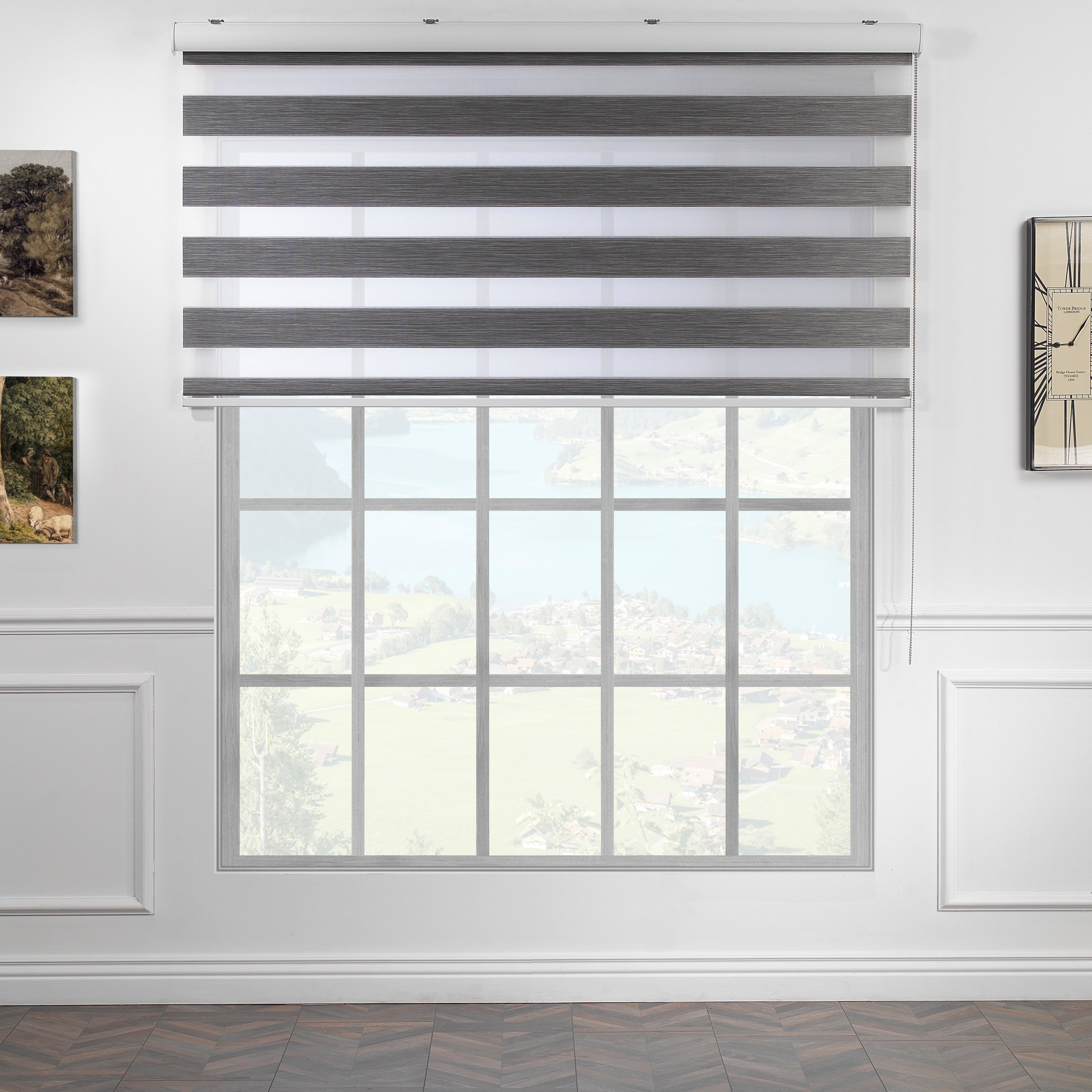 Bambu Zebra Shades Metallic Cord Loop Roller Blinds - Grey